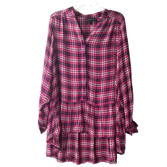 Lane Bryant Plaid Flannel Sz 18 Roll Tab Sleeves High Low Ruffle Hem Popover Top - Picture 3 of 16